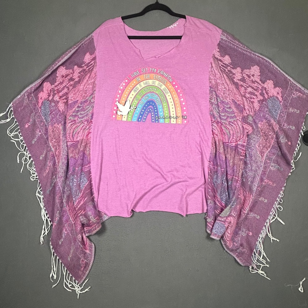 Handmade Tapestry Sleeve Top Women OS Pink Rainbow Genesis 9:13 Fringe Poncho